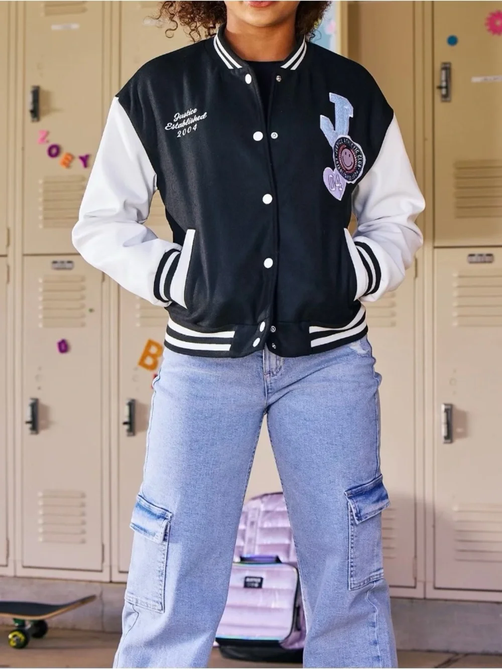 NWT - Justice Black and White Letterman Bomber Jacket with Patches
